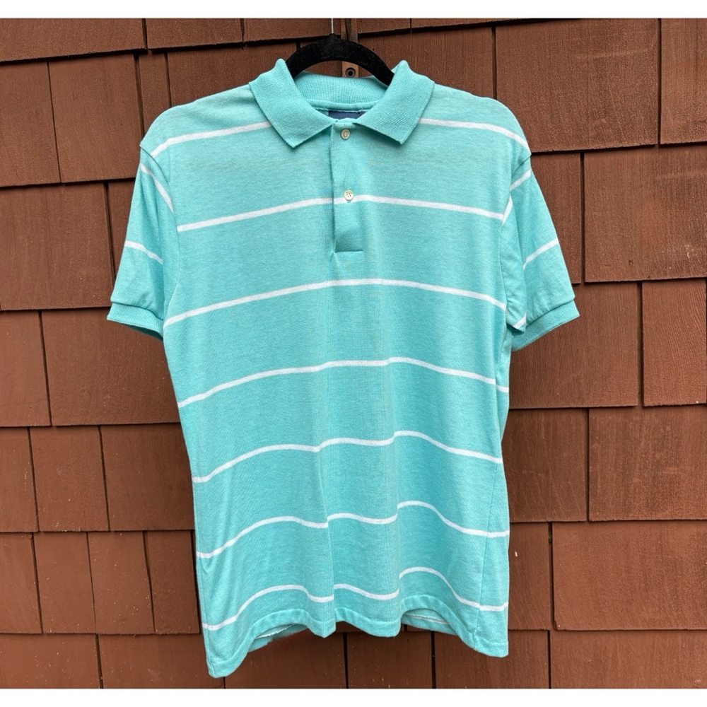 Vintage Mervin’s Men's Aqua Striped Polo Shirt medium